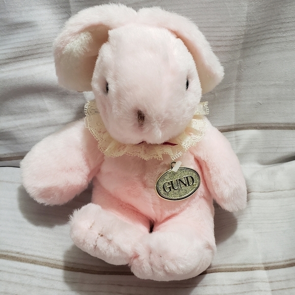 Gund Pink Bunny Rabbit Plush Tubbi Bunn 7" Year 1990 Lace Collar Blue Eyes Vtg - Picture 10 of 10